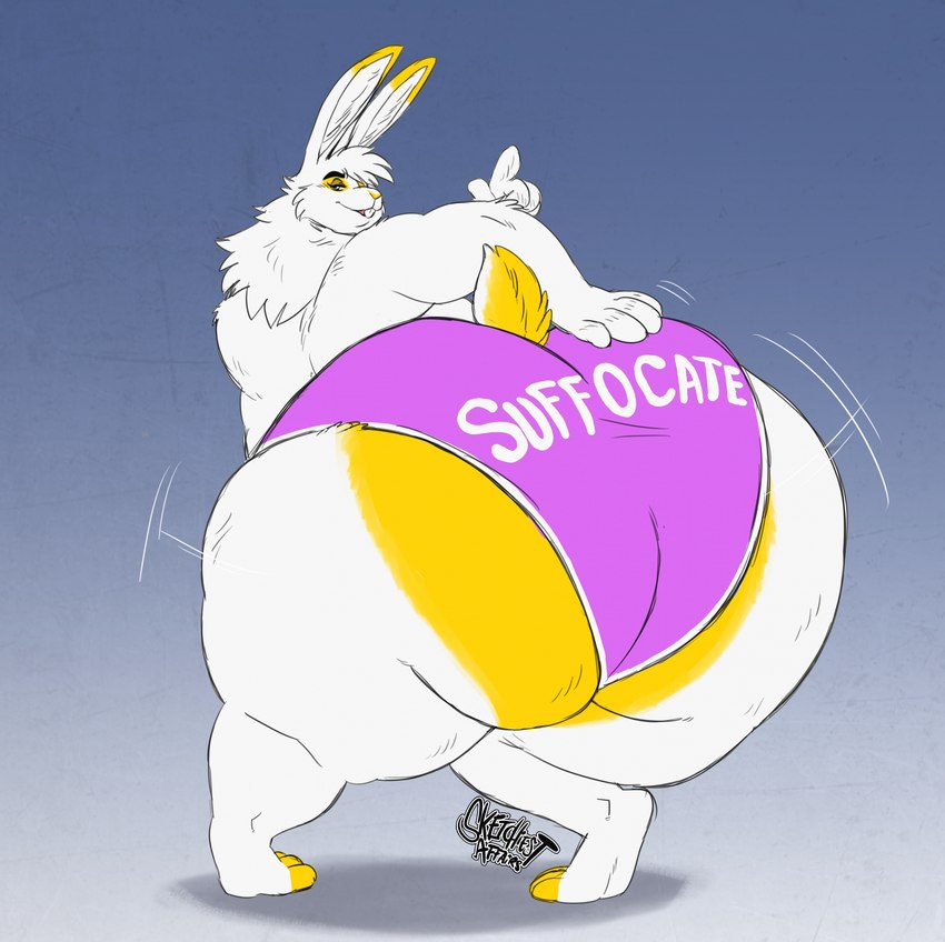 anthro big_butt bouncing_butt buckteeth butt clothing cotton_tail female fur huge_butt hyper hyper_butt little_tail looking_back overweight overweight_female smug_face solo teeth thick_thighs white_body white_fur yellow_body yellow_fur sketchiest_affairs meme_clothing emory_(oopsallnoodles) lagomorph leporid mammal rabbit hi_res meme