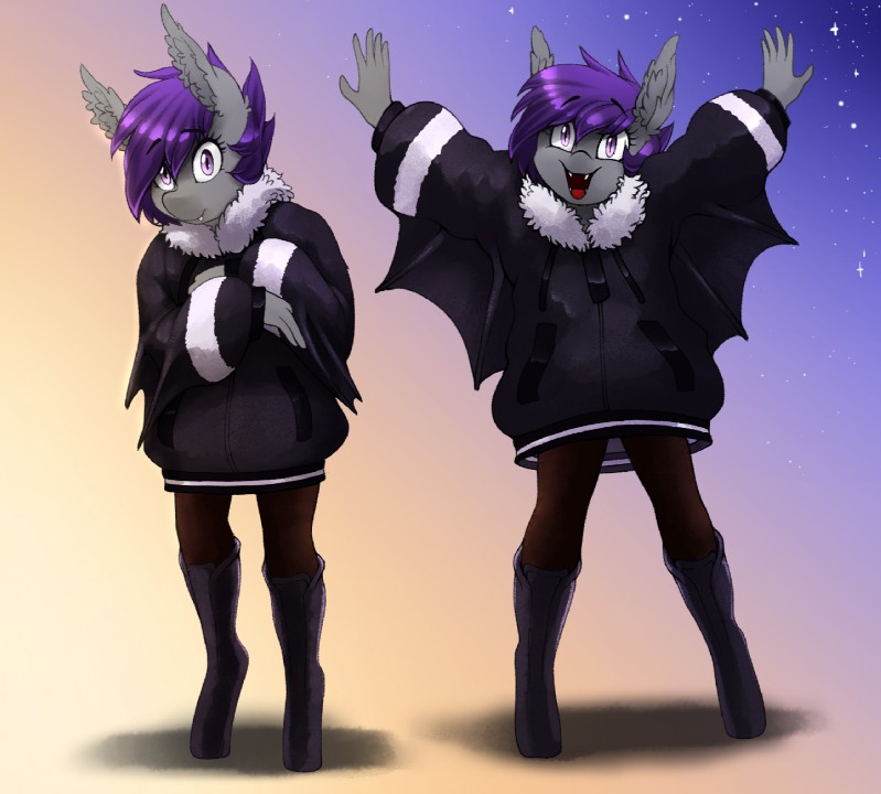 anthro boots clothing coat fangs female footwear jacket pupils purple_eyes shoes slit_pupils solo teeth topwear replica_(artist) hasbro my_little_pony fan_character nolegs_(oc) bat_pony equid mammal hi_res