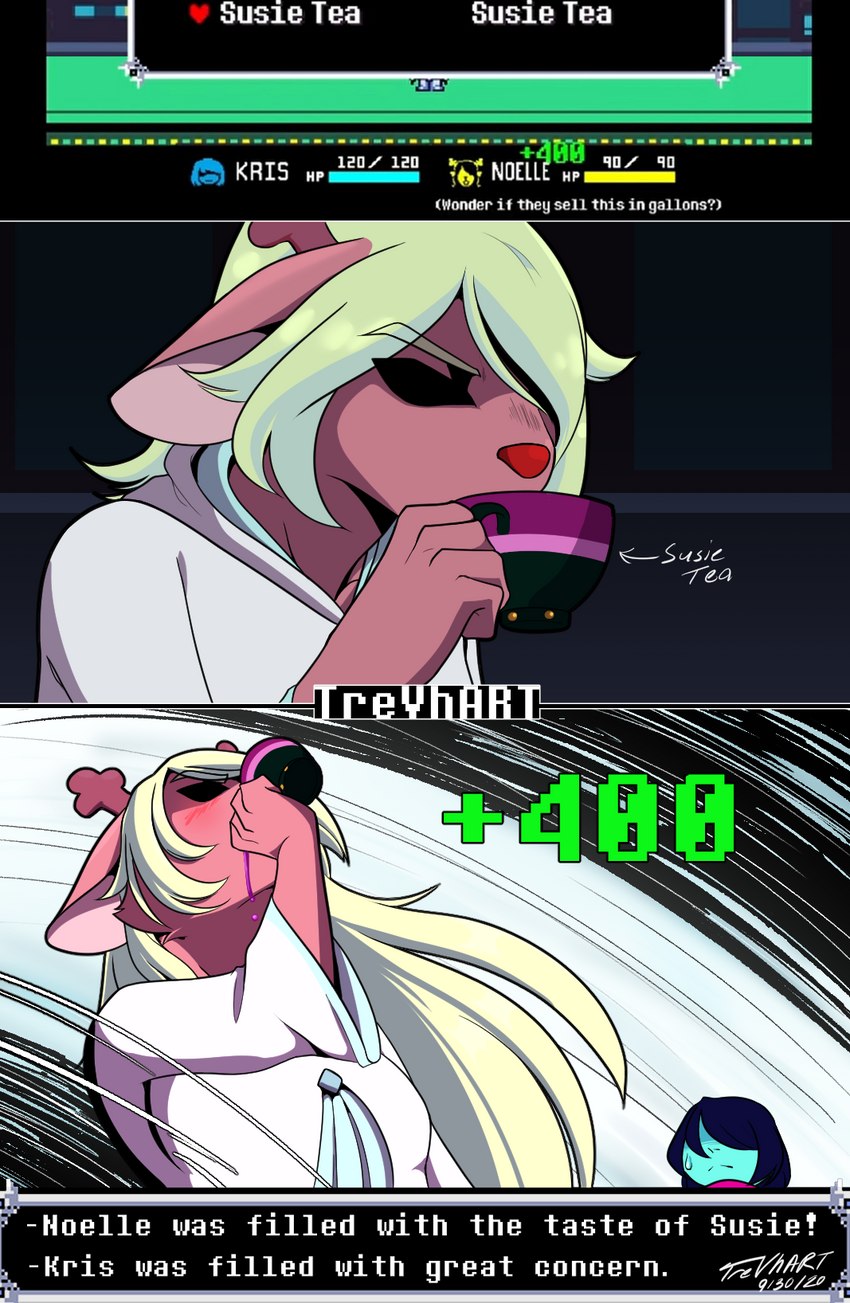 ambiguous_gender anthro antlers beverage blonde_hair blush chugging clothed clothing drinking dripping duo female gameplay_mechanics hair hair_over_eye hoodie horn humor one_eye_obstructed scarf tea text thirsty topwear trevhart deltarune jojo's_bizarre_adventure undertale undertale_(series) kris_(deltarune) noelle_holiday susie_(deltarune) deer human mammal new_world_deer reindeer 2020 comic dated english_text hi_res