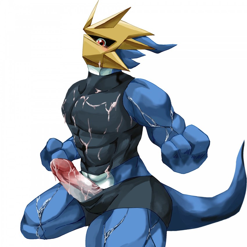 abs anthro armor athletic athletic_male blue_body bodily_fluids bottomwear clothing crop_top cum erection genital_fluids genitals male muscular muscular_anthro muscular_male pecs penis shirt shorts solo tight_clothing topwear byshz2000 bandai_namco digimon digimon_(species) magnamon 1:1 hi_res