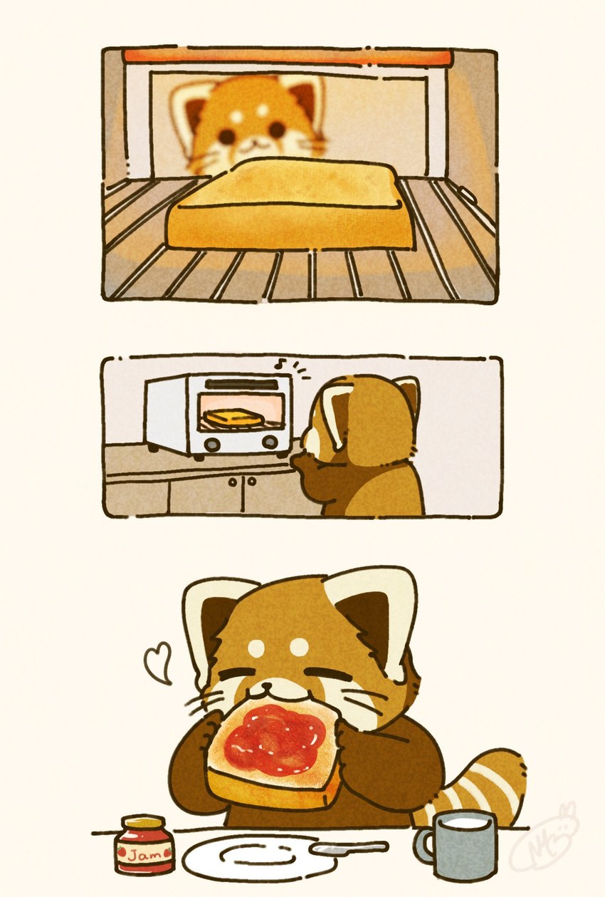 3_panel_comic biped bread brown_body chibi dot_eyes eating eyes_closed feral food heart_symbol kemono simple_eyes toast shi_nominmin ailurid mammal red_panda 2025 comic hi_res