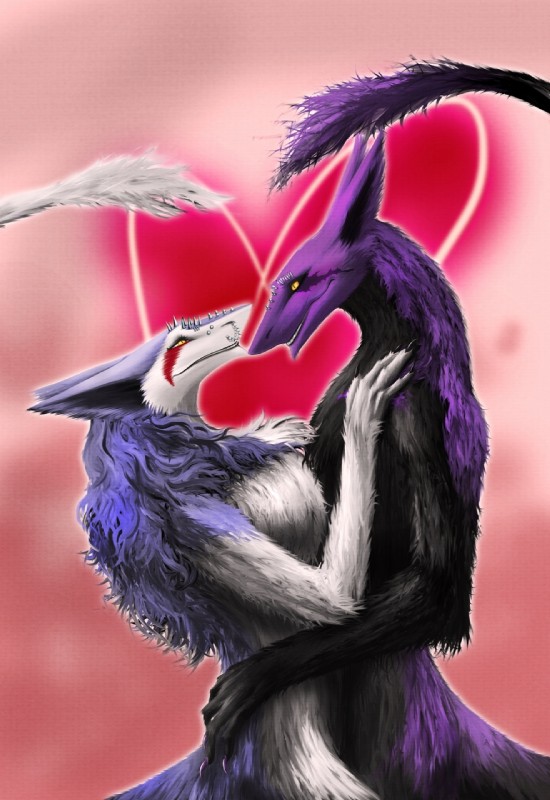 anthro black_body black_fur black_sclera blood bodily_fluids claws duo eyebrow_piercing facial_piercing female fur heart_symbol male nose_piercing nude piercing pink_background purple_body purple_fur romantic romantic_ambiance romantic_couple scar simple_background smile tail teeth warpaint white_body white_fur yellow_eyes gilgash gilgash_(character) misa_(neonyx) mammal sergal 2015 hi_res