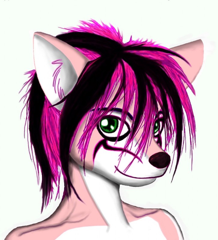 ambiguous_gender anthro black_hair facial_markings fur green_eyes hair head_markings looking_at_viewer markings multicolored_hair nude pink_body pink_fur pink_hair short_hair simple_background smile solo two_tone_hair white_background white_body white_fur jinx138~commonswiki third-party_edit yamavu cc-by-sa creative_commons gnu_fdl license_info jade_nyomi canid canine fox mammal bust_portrait portrait