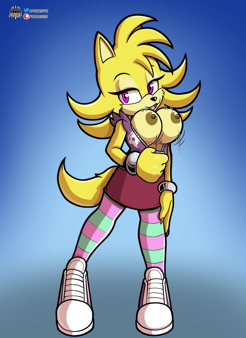 anthro bouncing_breasts breasts clothed clothing female footwear legwear nipples pattern_clothing pattern_footwear pattern_legwear pattern_socks purple_eyes shoes socks solo striped_clothing striped_footwear striped_socks stripes unzipping_jacket wristband yellow_body fourssss sega sonic_the_hedgehog_(series) ellie_the_wolf fan_character canid canine canis mammal wolf 2024 hi_res