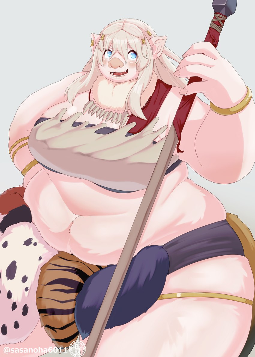 animal_skin anthro belly big_breasts blue_eyes blush breasts female fur grey_hair hair holding_melee_weapon holding_object holding_polearm holding_spear holding_weapon hyper long_hair looking_at_viewer melee_weapon midriff navel obese open_mouth overweight pink_body pink_fur polearm solo spear standing thick_thighs weapon wide_hips sasanoha6011 delicious_in_dungeon leed_(delicious_in_dungeon) animal_humanoid humanoid mammal mammal_humanoid ogre orc suid suine suine_humanoid sus_(pig) absurd_res hi_res