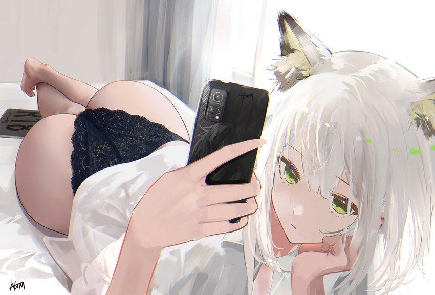 bed big_butt butt clothing electronics female furniture green_eyes hair lingerie lying on_bed on_front panties phone shirt solo t-shirt topwear underwear white_hair agm_(artist) arknights hypergryph studio_montagne kal'tsit_(arknights) animal_humanoid cat_humanoid felid felid_humanoid feline feline_humanoid humanoid mammal mammal_humanoid