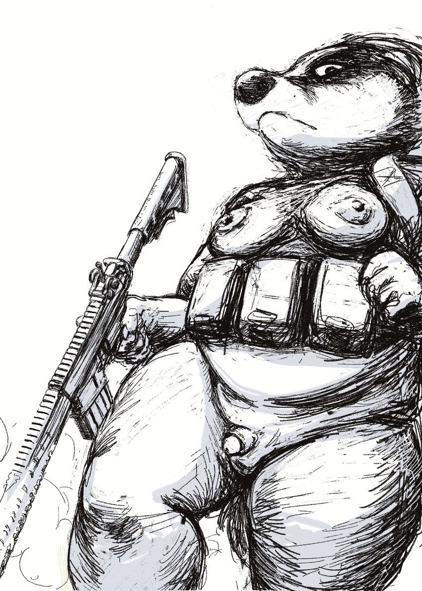 anthro breasts chest_rig clothed clothing genitals gun gynomorph intersex looking_at_viewer looking_down looking_down_at_viewer overweight overweight_gynomorph overweight_intersex partially_clothed penis ranged_weapon rifle slightly_chubby slightly_chubby_gynomorph slightly_chubby_intersex small_penis solo weapon oddwilds badger mammal mustelid musteline absurd_res hi_res monochrome trans_(lore) trans_woman_(lore)