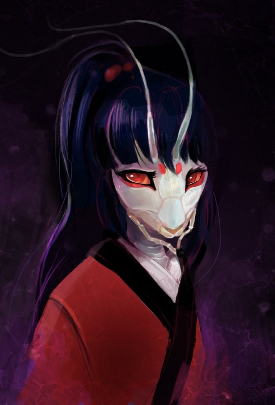 antennae_(anatomy) anthro asian_clothing black_hair clothing east_asian_clothing female hair haneri japanese_clothing kimono long_hair ponytail red_eyes simple_background solo sixfoot nae arthropod flower_mantis insect mantis orchid_mantis bust_portrait hi_res portrait