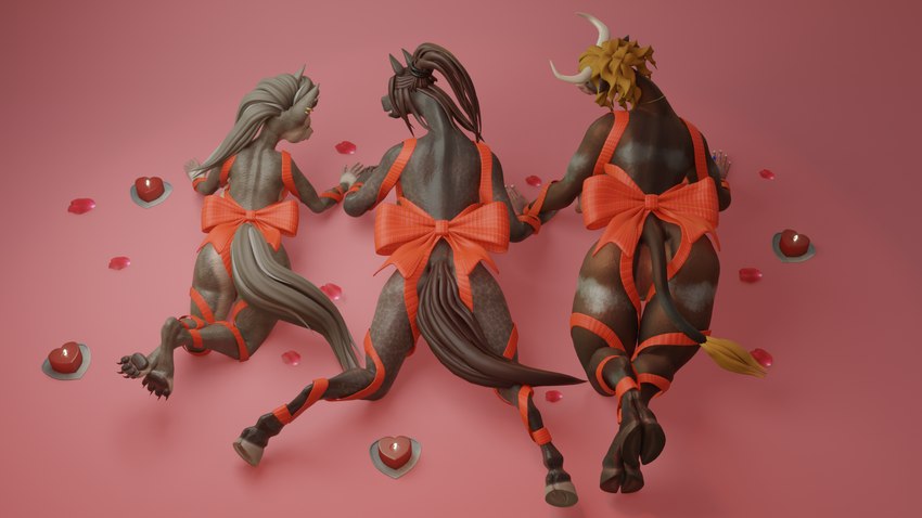 all_fours anthro big_butt blonde_hair bow_accessory brown_hair butt candle claws cloven_hooves female grey_hair group hair heart_symbol high-angle_view holidays hooves horn pawpads ponytail romantic simple_background toe_claws trio underhoof elsera jira valentine's_day lexa bovid bovine canid canine canis cattle equid equine horse mammal wolf 16:9 3d_(artwork) digital_media_(artwork) hi_res widescreen