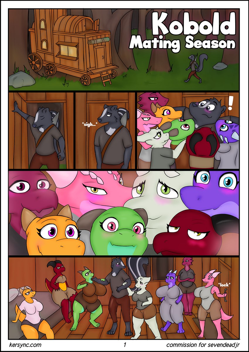 anthro cabin clothed clothing female forest fully_clothed group lust male male/female plant text title tree kersync leeson_smith kobold mammal mephitid scalie skunk absurd_res comic english_text hi_res