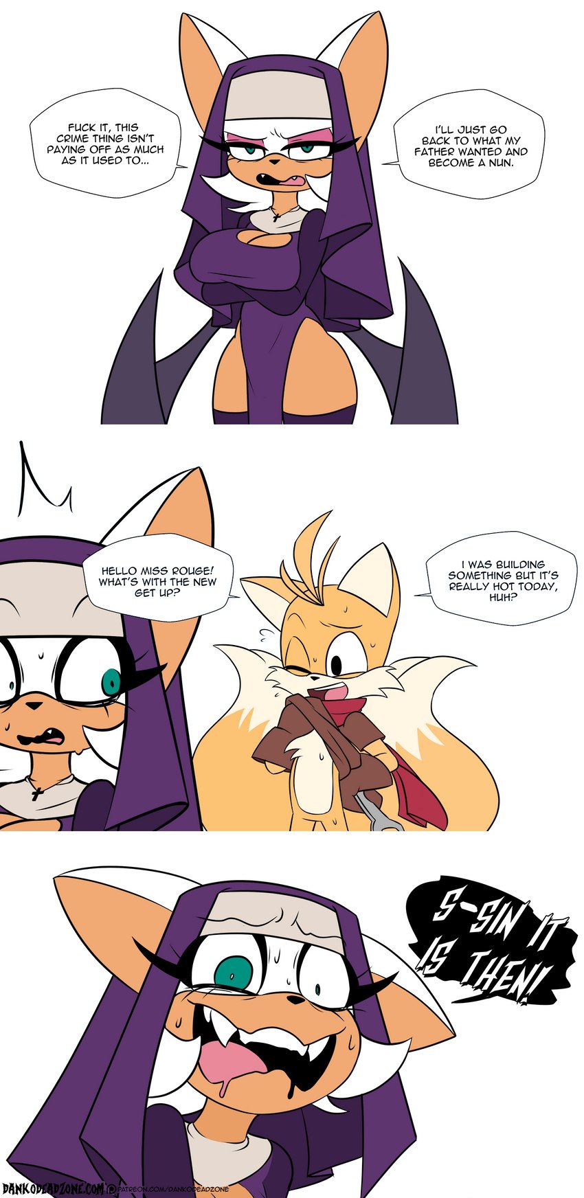 age_difference aged_up anthro bodily_fluids drooling duo female greeting humor male male/female nun older_female profanity saliva text younger_male dankodeadzone sega sonic_the_hedgehog_(series) miles_prower rouge_the_bat rouge_the_nun bat canid canine fox mammal 2022 absurd_res english_text hi_res