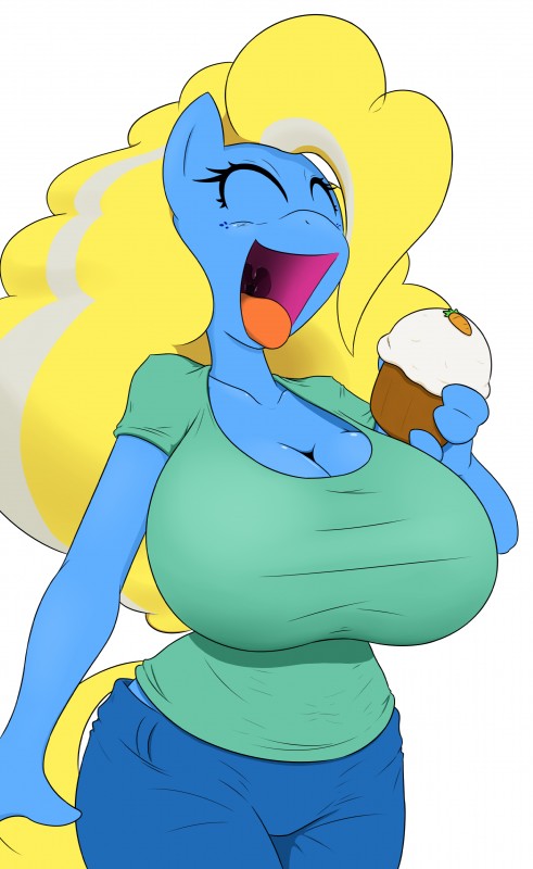 anthro big_breasts blue_body blue_fur breasts carrot clothing cupcake female food fur hair happy multicolored_hair plant solo tongue vegetable angelthecatgirl hasbro my_little_pony fan_character pixie_(character) equid equine horse mammal pony absurd_res hi_res