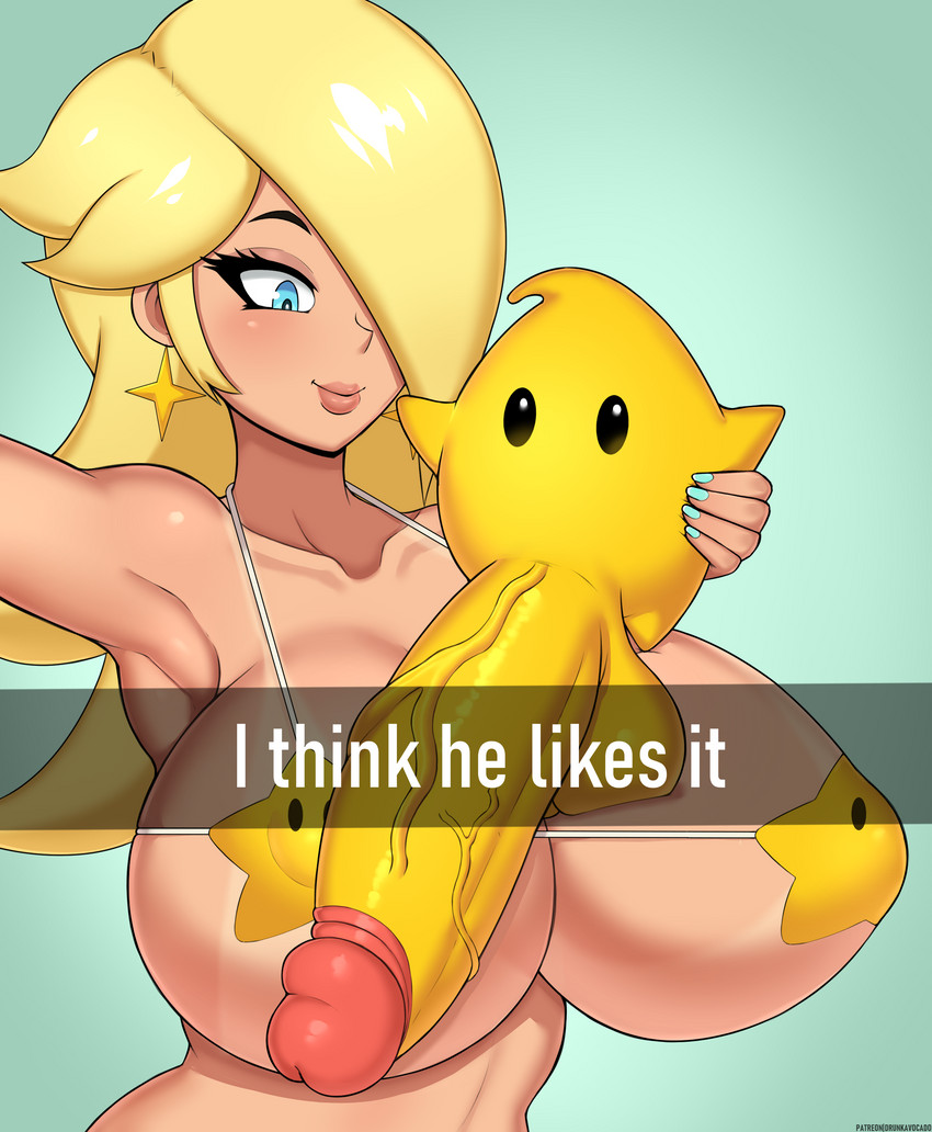 big_breasts big_penis bikini blush breasts clothing duo female genitals huge_penis humanoid_genitalia humanoid_penis hyper hyper_genitalia hyper_penis male nipple_outline not_furry penis swimwear text two-piece_swimsuit drunkavocado mario_bros nintendo super_mario_galaxy rosalina_(mario) human luma mammal 2020 absurd_res digital_media_(artwork) english_text hi_res