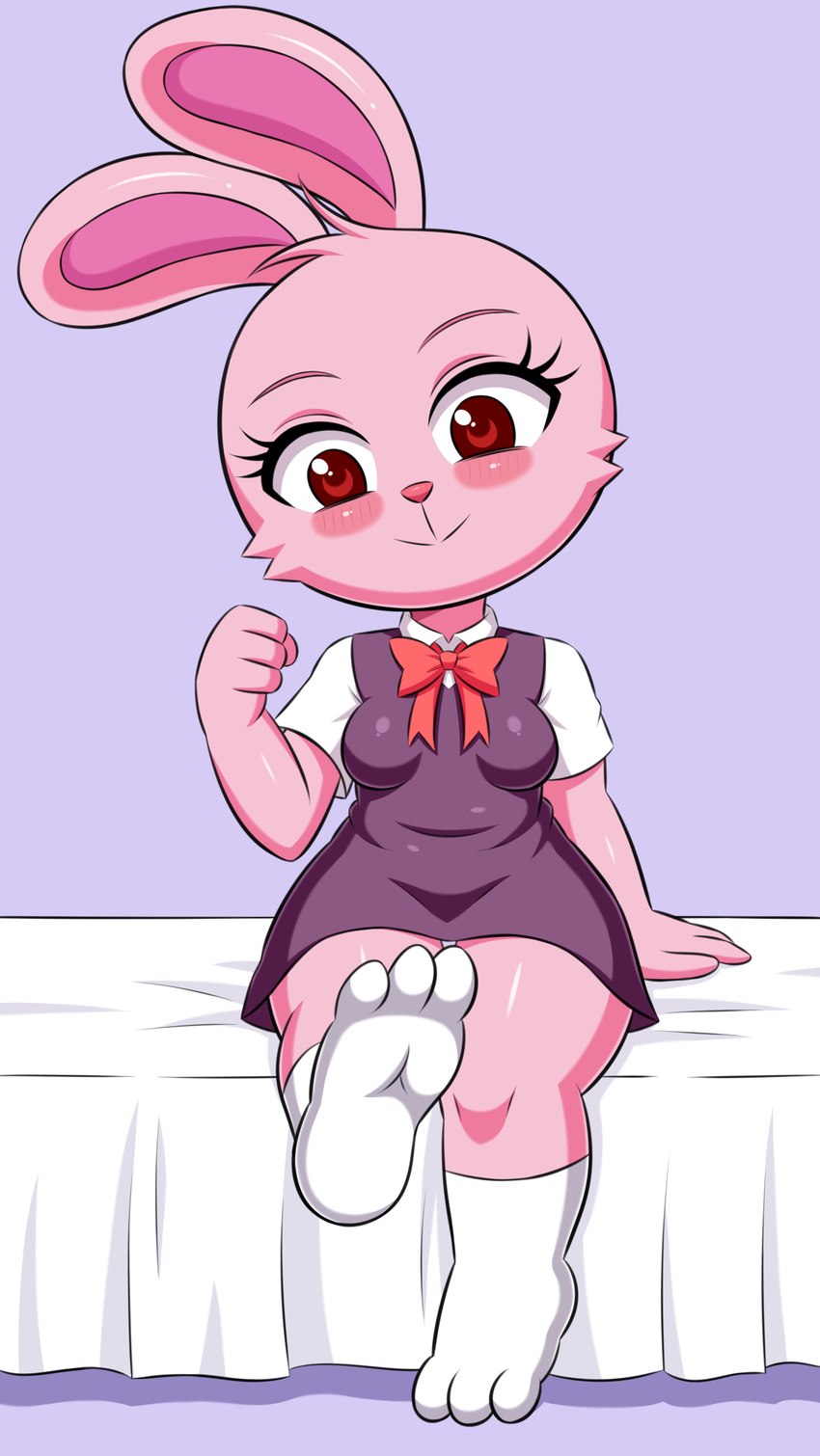 anthro clothed clothing eyelashes feet female footwear fur humanoid_feet looking_at_viewer panties pink_body pink_fur plantigrade red_eyes socks solo thick_thighs toe_socks toes underwear upskirt white_clothing white_panties white_underwear wide_hips huitu_c pink_rabbit_(huitu_c) lagomorph leporid mammal rabbit hi_res