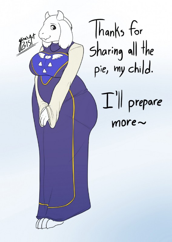 anthro barefoot big_breasts biped breasts feet female looking_at_viewer offscreen_character simple_background solo text yina undertale undertale_(series) toriel boss_monster_(undertale) bovid caprine mammal english_text hi_res