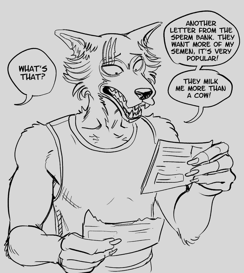 anthro claws clothed clothing dialogue envelope fur holding_envelope holding_letter holding_object humor letter male offscreen_character reading scar shirt solo tank_top text topwear smagma beastars legoshi_(beastars) canid canine canis mammal wolf 2021 english_text hi_res monochrome