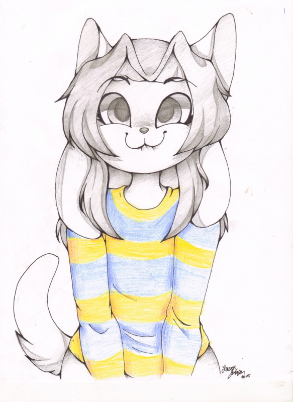 :3 anthro bite biting_lip bottomless clothed clothing curtained_hair female fur grey_eyes grey_hair hair looking_at_viewer pattern_clothing pattern_shirt pattern_topwear shirt smile solo striped_clothing striped_shirt striped_topwear stripes topwear white_body white_fur freeze-pop88 undertale undertale_(series) temmie_(undertale) canid canine felid feline mammal tem absurd_res hi_res