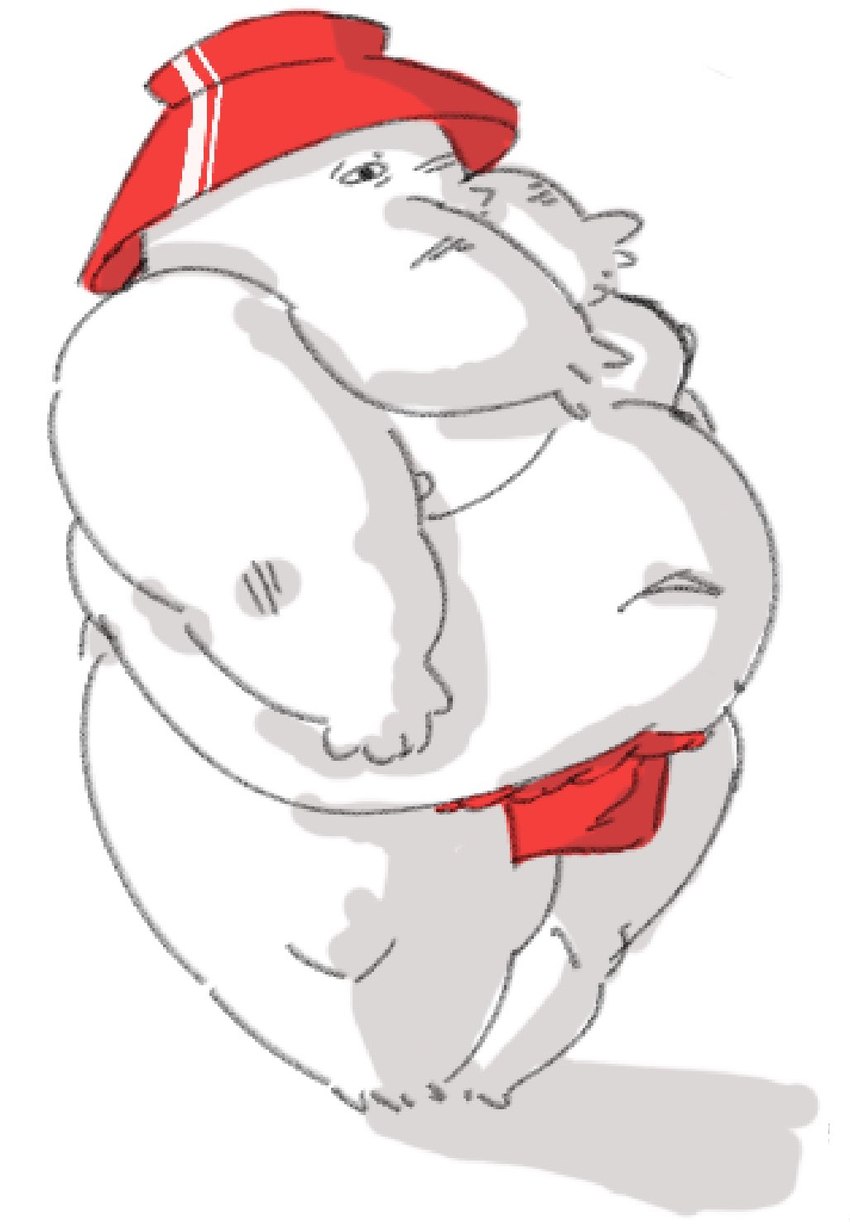 anthro asian_clothing belly big_belly clothing east_asian_clothing fundoshi hat headgear headwear japanese_clothing male moobs nipples overweight overweight_male red_clothing red_fundoshi red_underwear simple_background solo underwear anommyself ghibli spirited_away radish_spirit 2022 hi_res