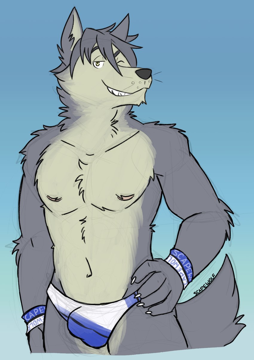 5_fingers anthro athletic athletic_anthro athletic_male blue_background bulge claws clothed clothing fingers fur grey_body grey_fur grey_hair grey_nose hair hand_on_hip looking_at_viewer male multicolored_body multicolored_fur navel simple_background sketchy smile solo speedo speedo_only swimwear swimwear_only tail text topless two_tone_body two_tone_fur white_claws wristband yellow_eyes unsafescapewolf morenatsu kouya_(morenatsu) canid canine canis domestic_dog husky mammal nordic_sled_dog spitz 2023 artist_name hi_res