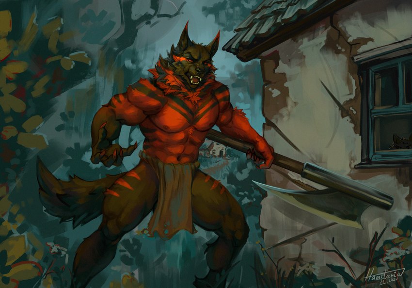 anthro axe being_watched black_nose bottomwear brown_body brown_fur building claws clothing detailed_background duo fur house loincloth looking_at_another male markings muscular neck_tuft plant red_body red_eyes red_fur red_tongue sharp_teeth solo_focus striped_markings stripes structural_damage teeth tipped_ears tongue tuft hamsteria mythology rex_luporum canid canine canis mammal mythological_canine mythological_creature werecanid werecanine werecreature werewolf wolf hi_res