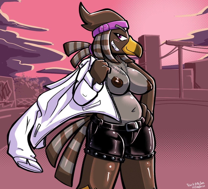 accessory anthro areola beak big_breasts black_bottomwear black_clothing black_shorts blush bottomwear breasts brown_areola brown_beak brown_body brown_feathers brown_hair brown_nipples chain_necklace clothed clothing detailed_background feathers female grey_nipples hair half-closed_eyes hand_on_hip headband holding_clothing holding_jacket holding_object holding_topwear jacket jewelry looking_at_viewer narrowed_eyes necklace nipples non-mammal_breasts pupils purple_eyes purple_headband shorts smile smirk solo standing topless topwear yellow_beak felino nilina_(felino) accipitrid accipitriform avian bird 2024 hi_res