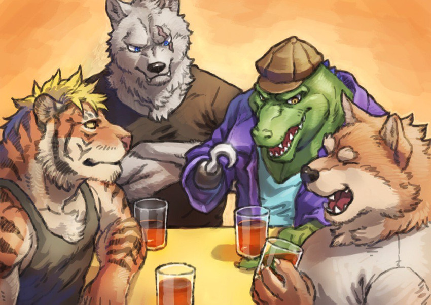 beverage blue_eyes clothed clothing container cup fur green_body green_scales grey_body grey_fur group hat headgear headwear hook male mohawk orange_body orange_fur scales scar tan_body tan_fur teeth yellow_eyes emboss0320 ramen_wolf_and_curry_tiger jiro_mita kagetora_yanagi key_(mysticspacewolf) wallace_(mysticspacewolf) canid canine canis crocodile crocodilian felid mammal pantherine reptile scalie tiger wolf