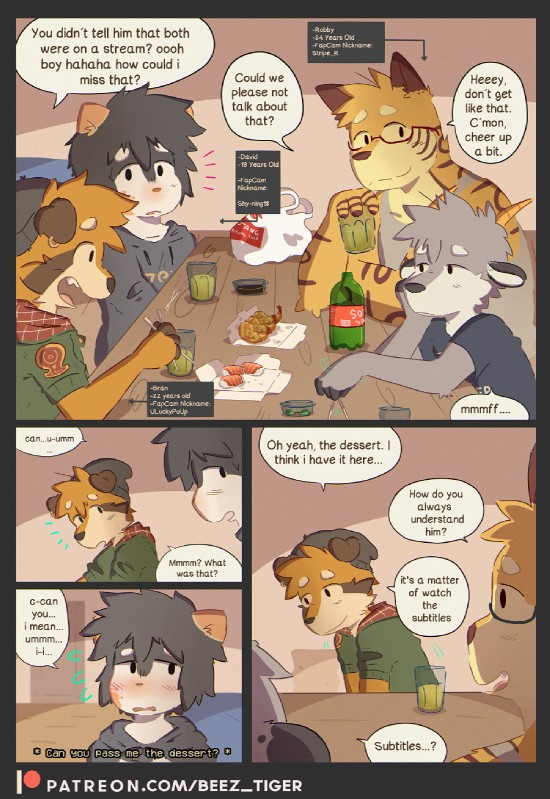 anthro beverage dialogue food furniture horn male sitting soda sushi table text beez alex_(beez) bran_(beez) david_(beez) robby_(beez) bovid caprine goat mammal 2019 comic english_text hi_res subtitled url