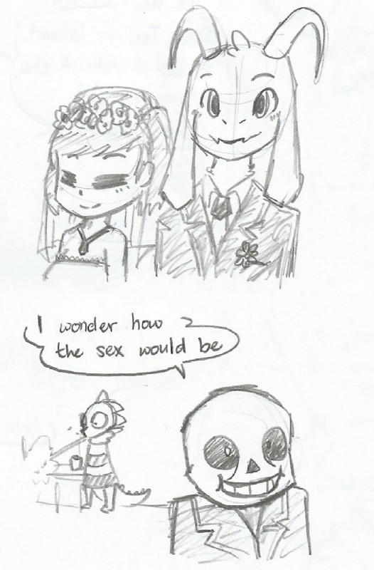 anthro armless bone clothed clothing dress female flower fur hair long_ears male plant skeleton smile spitting suit text wedding wedding_dress white_body white_fur shinrai-fidelis undertale undertale_(series) asriel_dreemurr frisk_(undertale) monster_kid sans_(undertale) animated_skeleton boss_monster_(undertale) bovid caprine goat human mammal undead english_text hi_res monochrome