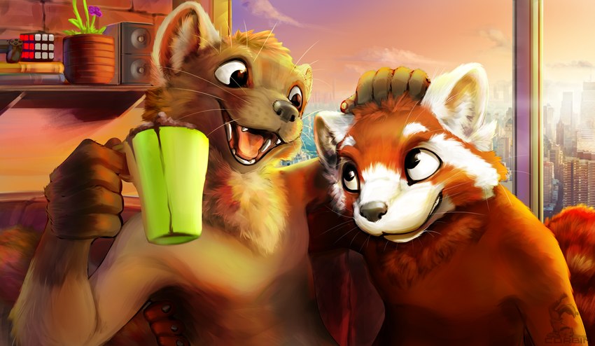 5_fingers anthro beverage brick_wall brown_body brown_fur city city_background cityscape container controller cup duo electronics fingers fur game_controller green_cup hand_on_head happy looking_at_another male open_mouth open_smile orange_body orange_fur plant plant_pot playstation_controller potted_plant smile speaker wall_(structure) white_body white_ears white_fur window corbin_(roscy) playstation rubik's_cube sony_corporation sony_interactive_entertainment claymore_(red_panda) corbin_(corbin_roscy) ailurid domestic_ferret mammal mustelid musteline red_panda true_musteline weasel 2023 absurd_res digital_media_(artwork) digital_painting_(artwork) hi_res huge_filesize signature watermark