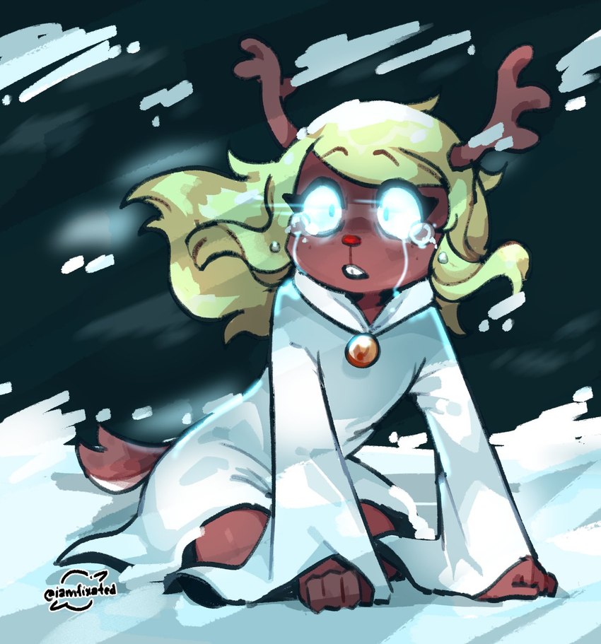 anthro blonde_hair bodily_fluids clothing eyebrow_through_hair eyebrows female fur glowing glowing_eyes hair horn kneeling robe snow snowgrave solo tan_body tan_fur tears translucent translucent_hair white_clothing white_robe iamfixated deltarune undertale_(series) noelle_holiday deer mammal new_world_deer reindeer 2023 hi_res