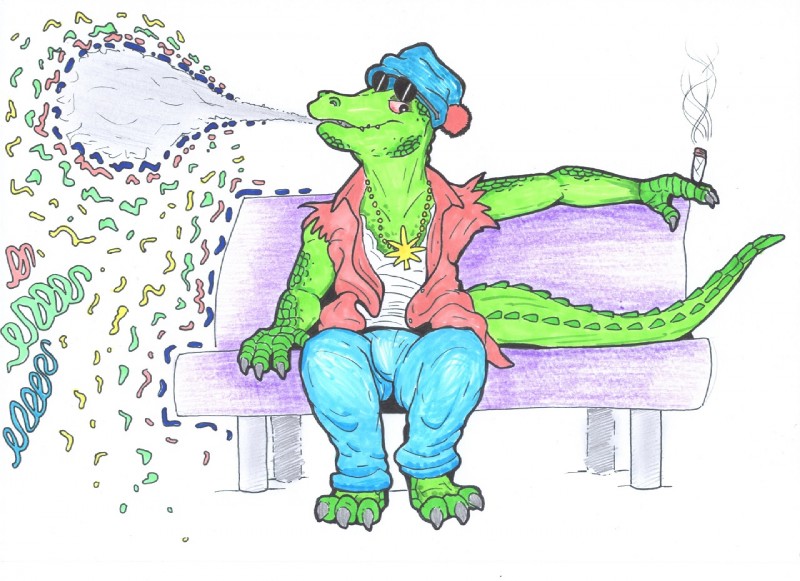 3_toes 4_fingers anthro biped bulge clothed clothing drugs feet fingers jewelry looking_at_viewer male marijuana necklace sitting smoking solo toes skawinski alligatorid caiman crocodile crocodilian reptile scalie