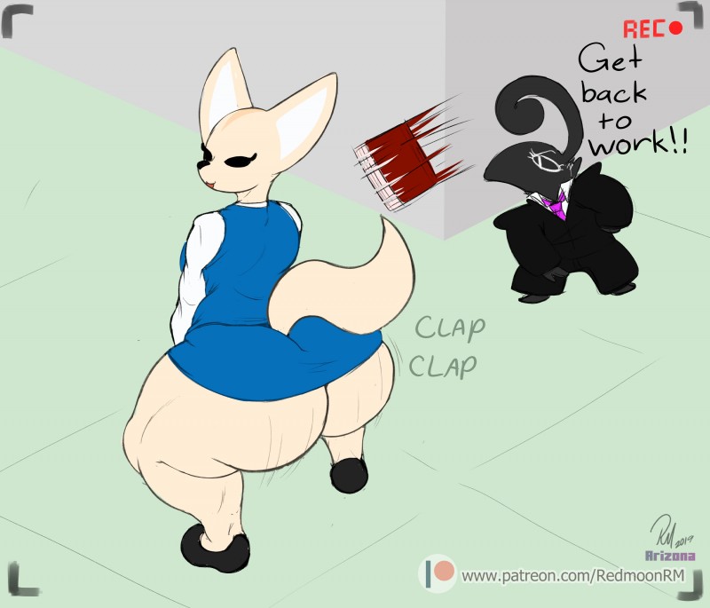 anthro ass_clapping big_butt butt crouching duo female huge_butt text twerking redmoon83 aggretsuko sanrio fenneko hail_(7th-r) avian bird canid canine fennec_fox fox galliform mammal phasianid quail true_fox absurd_res english_text hi_res url