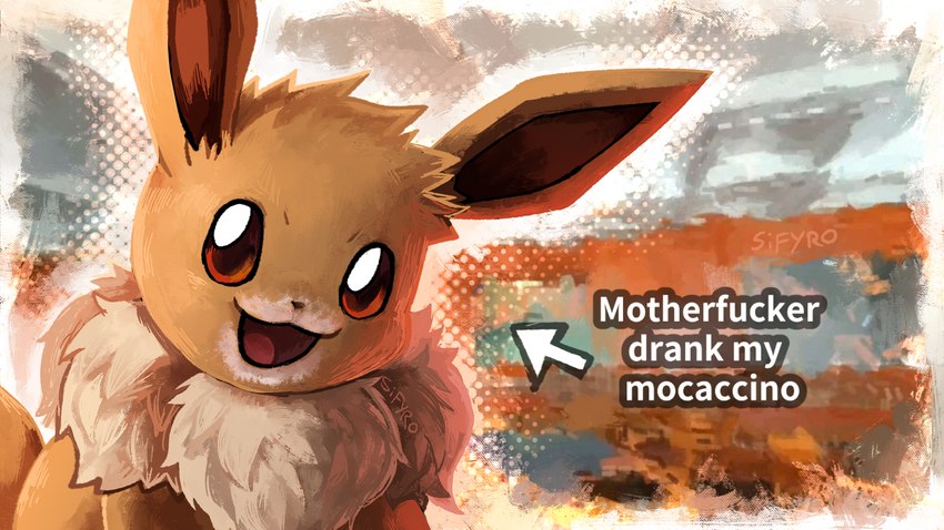 ambiguous_gender cafe feral fluffy long_ears looking_at_viewer painting profanity solo text blitzdrachin conditional_dnp dogshaming nintendo pokemon canid eevee generation_1_pokemon mammal pokemon_(species) 2023 digital_media_(artwork) digital_painting_(artwork) english_text hi_res meme