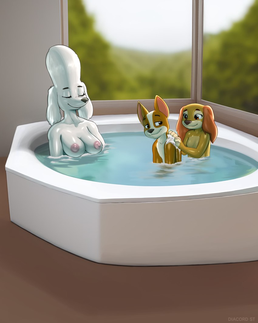 anthro bathing_together bathtub breasts brown_body brown_eyes brown_fur eyes_closed female ffm fur group hands_on_shoulders inside looking_at_another looking_back looking_back_at_another male nipples nude small_breasts tan_body tan_fur trio water white_body white_fur window diacordst paw_patrol delores_(paw_patrol) liberty_(paw_patrol) tracker_(paw_patrol) canid canine canis chihuahua dachshund domestic_dog hunting_dog mammal poodle toy_dog 2023 4:5 absurd_res hi_res