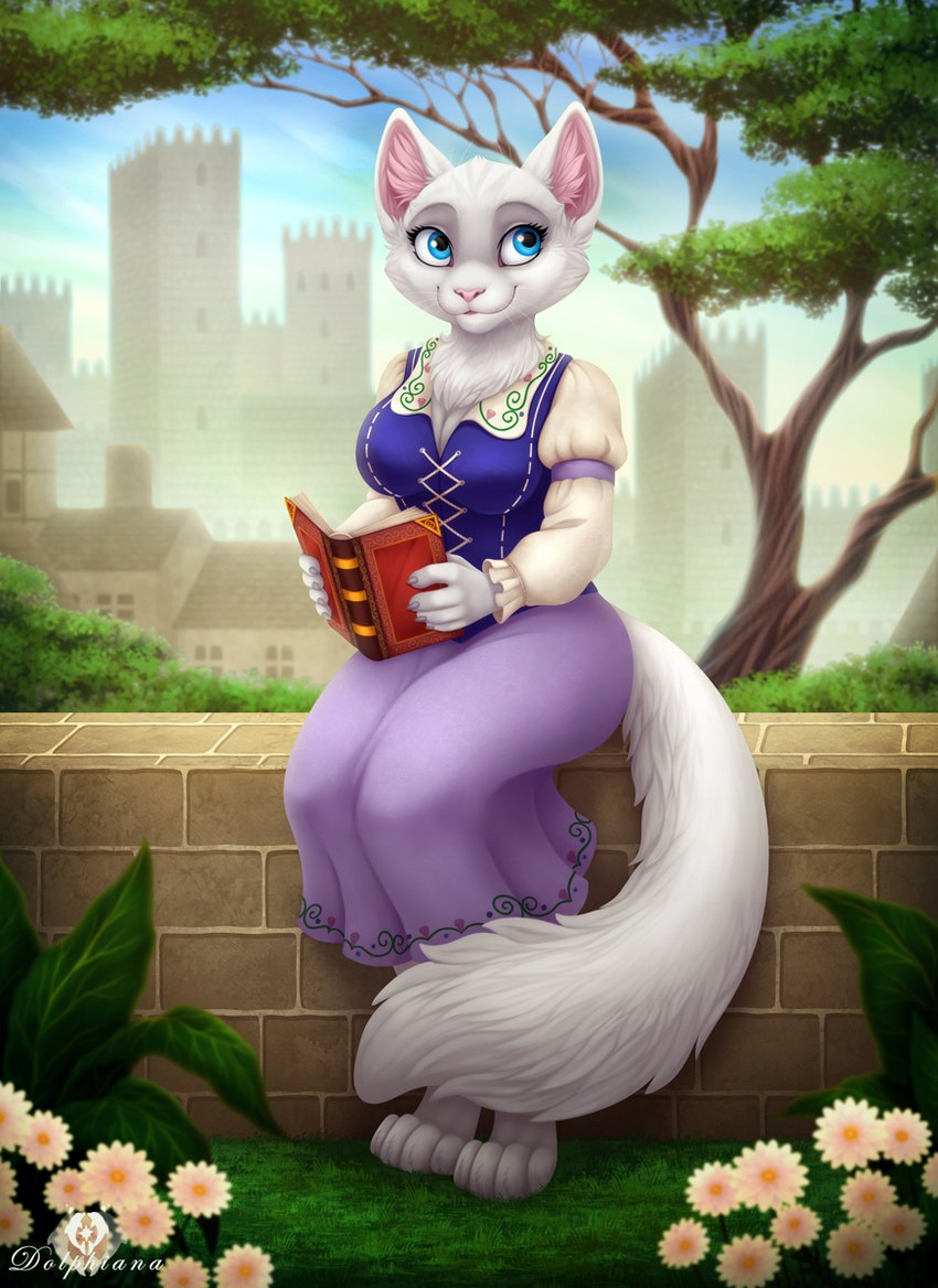 anthro blue_eyes book building castle clothed clothing cloud dress female flower fluffy fluffy_tail grass holding_book holding_object house leaf looking_away pink_nose plant sitting_on_wall sky smile solo tail tree dolphydolphiana dreamworks puss_in_boots_(franchise) dulcinea_(puss_in_boots) domestic_cat felid feline felis mammal hi_res