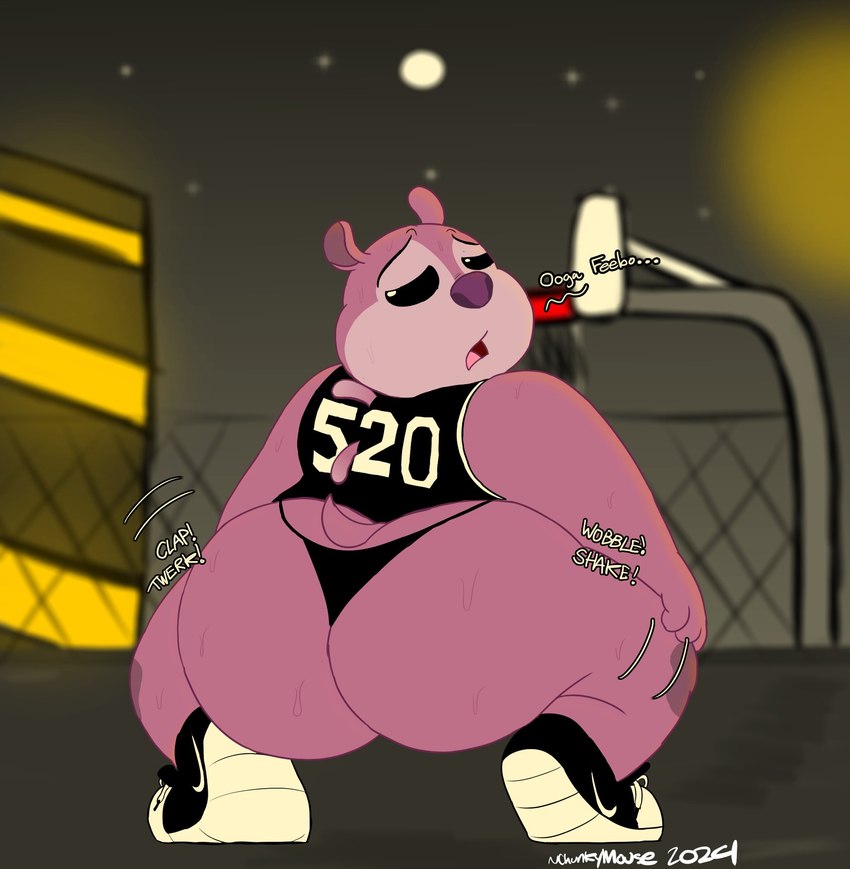 anthro back_spines basketball_court big_butt black_eyes bodily_fluids bouncing_butt butt chubby_cheeks clothing double_chin eyebrows footwear fur leg_markings looking_at_viewer looking_back looking_back_at_viewer male markings open_mouth overweight overweight_anthro overweight_male purple_body purple_fur purple_nose raised_inner_eyebrows shirt shoes short_tail sneakers solo sweat tail tank_top text thong topwear twerking underwear chonkymouse disney lilo_and_stitch nike cannonball_(lilo_and_stitch) alien experiment_(lilo_and_stitch) 2024 english_text hi_res