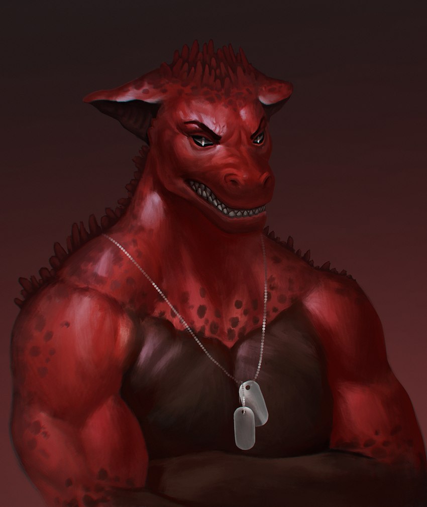 angry anthro biceps crossed_arms dog_tags ears_back grey_eyes grumpy male muscular pivoted_ears red_body red_scales scales snarling solo teeth_showing thick_neck unknown_artist bungie destiny_(video_game) bal_shaloc scalie war_beast hi_res