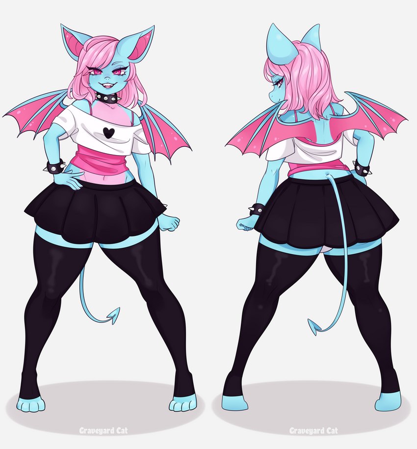 black_bottomwear black_clothing black_skirt blue_body bottomwear bracelet clothed clothing crop_top femboy hair hand_on_hip heart_symbol jewelry legwear male pink_eyes pink_hair pose rear_view shirt skirt solo spade_tail tail tail_over_skirt thigh_highs topwear wings graveyardcat terry_bat bat mammal absurd_res hi_res