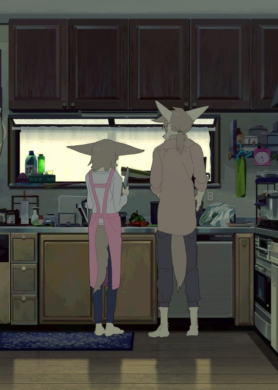 anthro apron barefoot bottomwear brown_hair clock clothed clothing cooking countertop detailed_background duo feet female fully_clothed fur hair holding_object inside kemono kitchen knife looking_at_another male pants ponytail shelf shirt sink standing tan_body tan_fur topwear window taracod nao_(taracod) tatsuhiko_(taracod) canid canine fennec_fox fox mammal true_fox hi_res