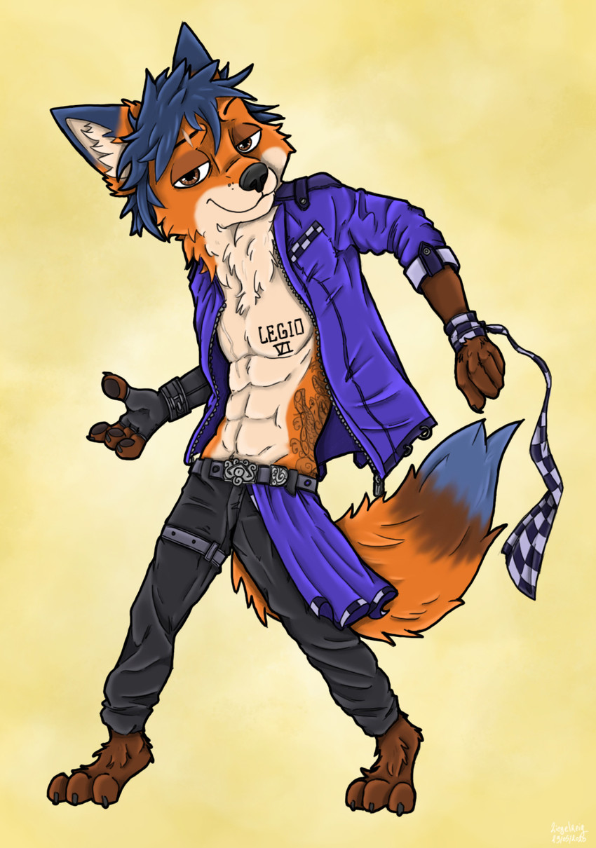 3_toes 4_fingers anthro blue_hair brown_body brown_eyes brown_fur dancing feet fingers fur hair male orange_body orange_fur scar solo tattoo toes ziegelzeig bad_guy_cafe artemis_(smneff) canid canine fox mammal hi_res