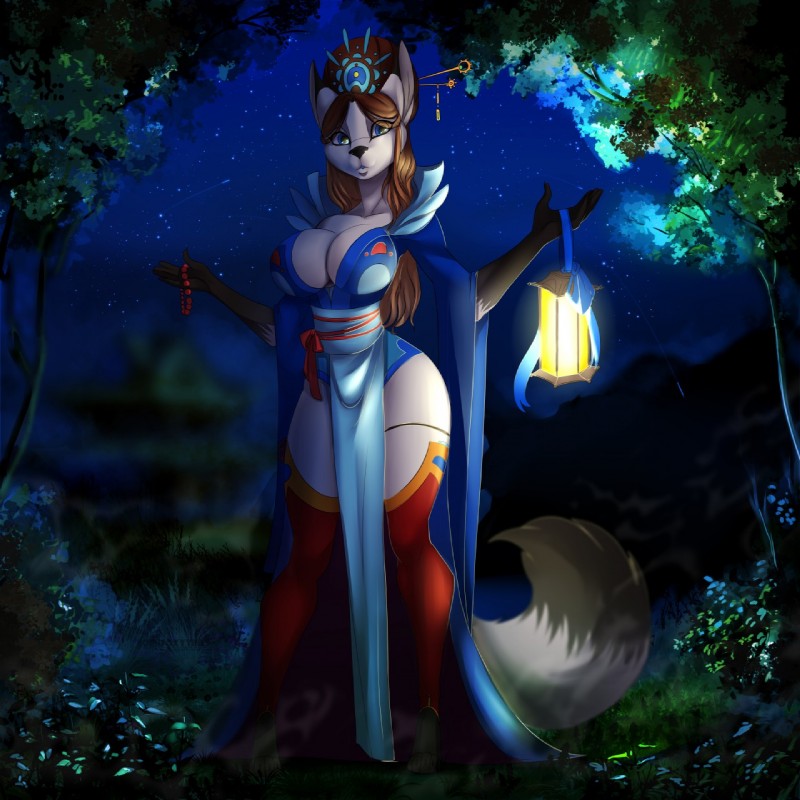 5_fingers anthro big_breasts biped black_body black_fur black_nose blue_eyes breasts brown_body brown_fur clothed clothing detailed_background digitigrade female fingers fur lamp lantern looking_at_viewer night outside sky solo standing star starry_sky summer_pelt white_body white_fur wide_hips sorafoxyteils arctic_fox canid canine fox mammal true_fox 1:1 detailed hi_res