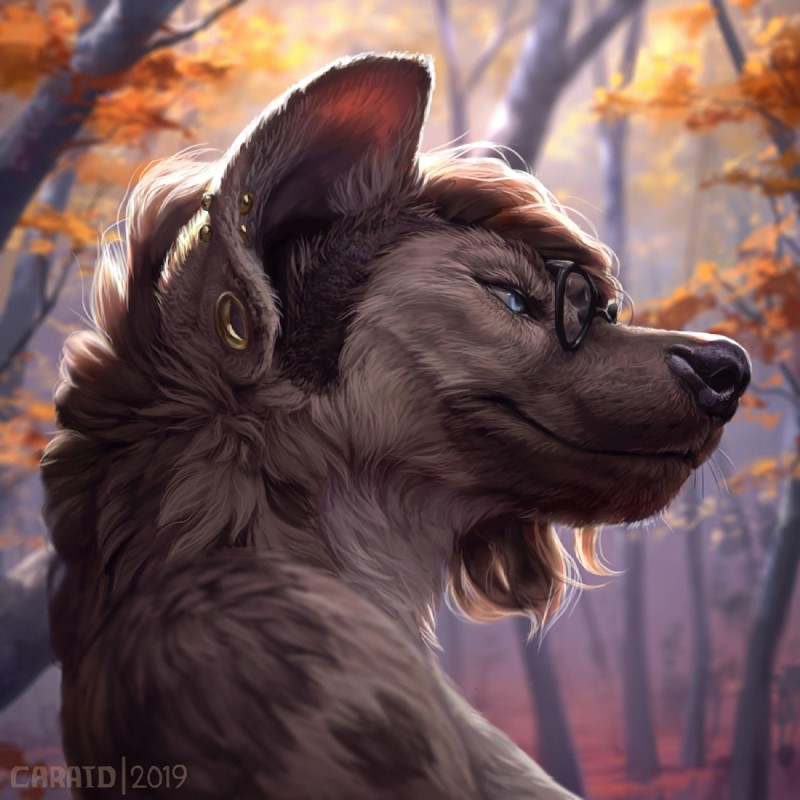 anthro black_nose blue_eyes day detailed_background detailed_ear ear_piercing ear_ring eyewear female forest fur glasses hair helix_piercing outside piercing plant realistic realistic_anthro ring_piercing smile solo tree caraid hyena mammal spotted_hyena 1:1 2019 digital_media_(artwork)