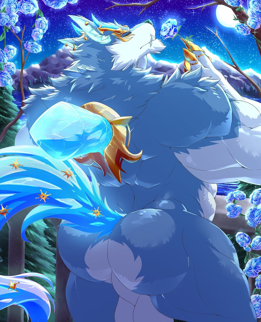 anthro balls big_balls big_butt big_muscles butt eyes_closed flower fur genitals male muscular muscular_anthro muscular_male nude plant rear_view solo tail teeth daikitei league_of_legends riot_games tencent warwick_(lol) canid canine canis humanoid mammal wolf absurd_res hi_res