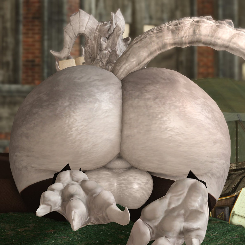 2_horns albino anthro anus backsack balls big_balls big_butt book butt clothing genitals horn huge_butt legwear male puffy_anus reading reading_book solo tail thigh_highs thigh_highs_only willie_piv fallout microsoft goris_(fallout) deathclaw scalie 1:1 3d_(artwork) digital_media_(artwork)
