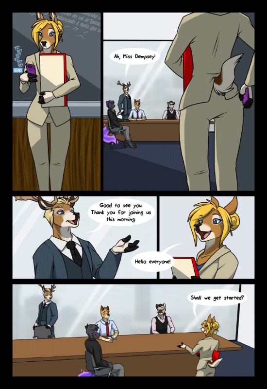 anthro antlers black_border blonde_hair blue_eyes border business_attire business_suit businesswear clothing electronics female fur greeting group hair horn male meeting meeting_room open_mouth phone speech_bubble suit text houkuko kryn canid canine canis deer domestic_dog felid feline felis mammal 2019 comic english_text hi_res multiple_images