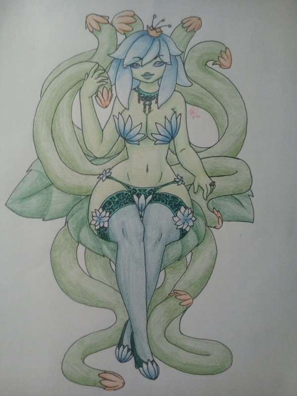 big_breasts breasts clothing female flower legwear lingerie not_furry panties plant simple_background smile solo stockings tentacles underwear mysfortune elemental_creature flora_fauna humanoid 3:4 absurd_res full-length_portrait hi_res portrait traditional_media_(artwork)