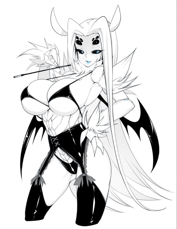 big_breasts black_sclera blue_eyes breasts cigarette cigarette_holder clothed clothing female hair legwear lingerie long_hair multi_eye simple_background solo thigh_highs under_boob white_background white_body white_hair white_skin wings slugbox scleriteaeaeaggadah animal_humanoid arthropod arthropod_humanoid humanoid insect 2018 hi_res