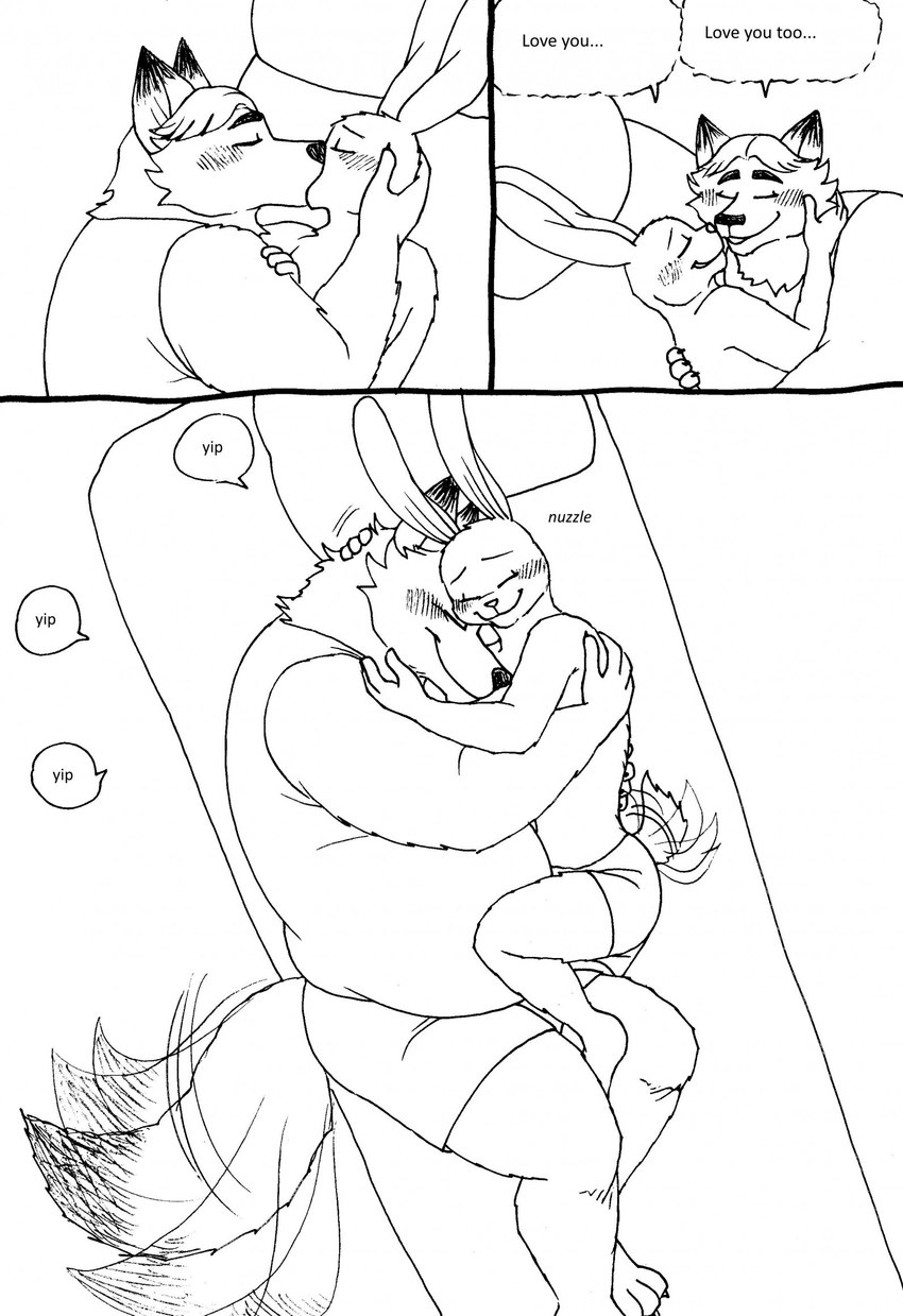 anthro bed blush boxers_(clothing) clothed clothing cuddling dialogue duo eyes_closed furniture hug i_love_you kissing male male/male overweight overweight_male pillow romantic romantic_confession romantic_couple shirt smile speech_bubble tail tail_motion tailwag tank_top text topless topwear underwear underwear_only whispering bernielover disney zootopia fan_character gideon_grey nate_hopps canid canine fox lagomorph leporid mammal rabbit red_fox true_fox 2023 comic english_text hi_res monochrome