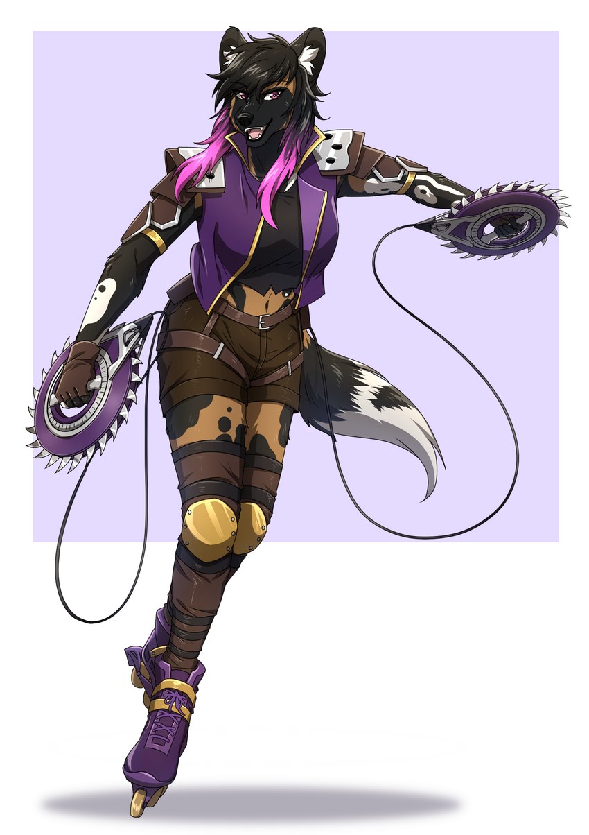 1/4_armor anthro armor belt black_hair bottomwear chakram circular_saw circular_saw_chakram clothed clothing crop_top disc_weapon female fur gloves hair handwear highlights_(coloring) holding_object holding_self-endangering_weapon holding_weapon inline_skates jacket knee_pads open_mouth pauldron pink_hair power_tool powered_weapon purple_clothing purple_eyes purple_highlights purple_jacket purple_skates purple_topwear purple_weapon roller_skates sawblade self-endangering_weapon serrated serrated_weapon shirt shorts simple_background smile solo tail thigh_belt thrown_weapon tools topwear weapon putai22 mary_(skyflywhite) african_wild_dog canid canine mammal 2024 digital_media_(artwork) hi_res purple_theme