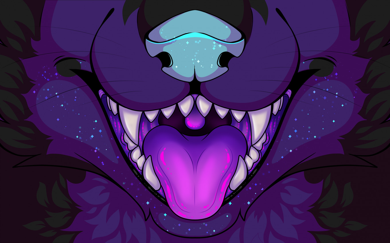 anthro bodily_fluids close-up fangs fur glowing glowing_mouth male mouth_shot open_mouth purple_body purple_fur purple_mouth saliva solo teeth uvula zoomka kitsunaki canid canine fox mammal hi_res